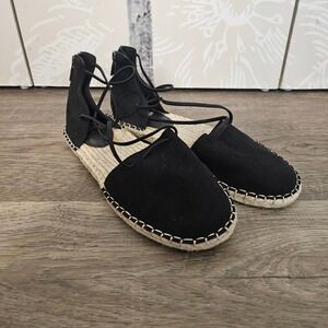 Eileen Fisher Black Suede Lace Up Espadrille Flats Back Zip Shoes Womens 6.5